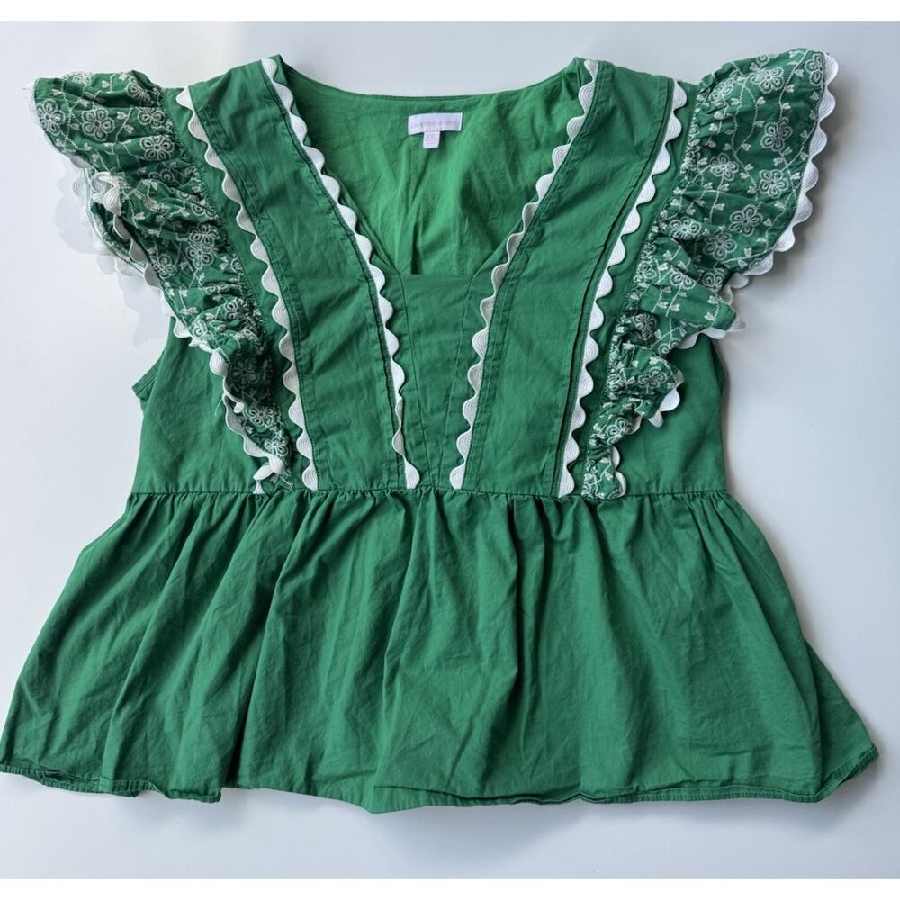 Love Wednesday Green Cotton V-Neck Smocked Ruffle Embroidered Blouse XXL